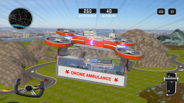 一款卡通画风的趣味横生的模拟驾驶游戏,游戏名为无人机救护车模拟器